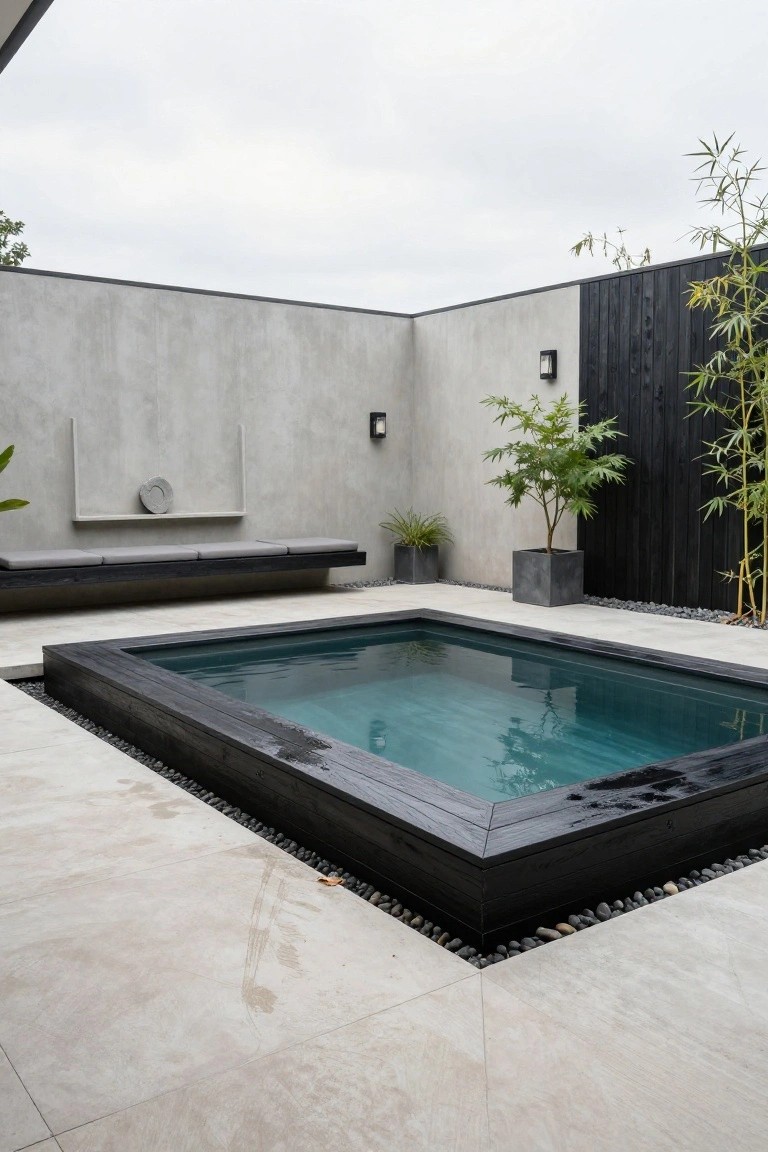 A modern rectangular pool with black wooden framing, set into a light tile deck with pebble edges, gray concrete walls, black timber fence with bamboo, potted plants, wall lights, and a built-in bench seat.