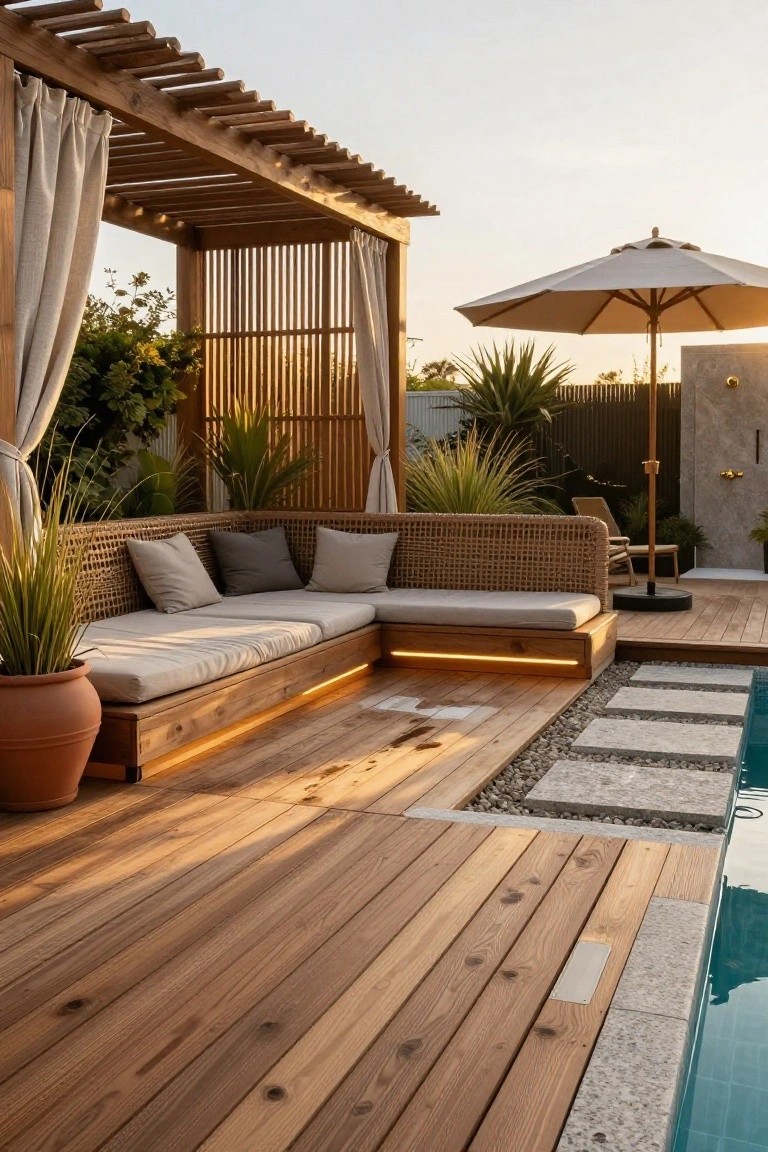 Wooden pergola with sheer curtains over a beige rattan L-shaped sofa on a raised wooden platform with edge lighting, beside a pool with stone steps and potted plants on a wood deck.