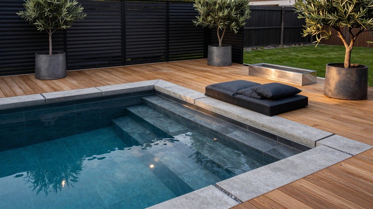 Raised wooden deck platform with black outdoor sofa and large potted olive trees against a black slatted fence, adjacent to a rectangular blue pool with dark stone edging.