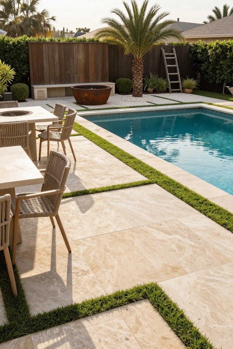 Modern backyard pool deck with large beige stone tiles separated by thin grass strips, rattan chairs and table with fire pit beside a rectangular turquoise pool.
