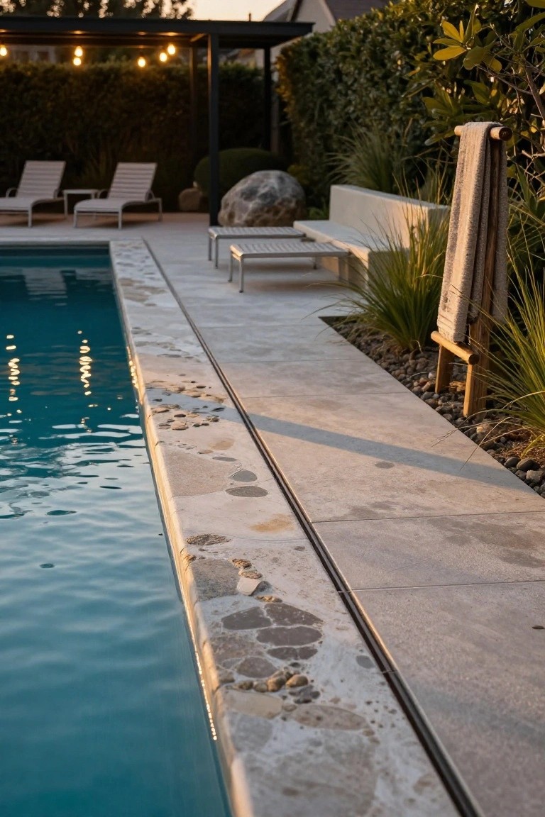 Close-up of a concrete pool deck with embedded pebbles along the turquoise pool coping, a metal drain strip, nearby white loungers, plants, and a towel rack.