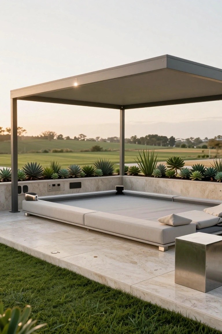 Gray metal pergola shading a low modular daybed with light cushions on a light stone pool deck edged with succulent planters, next to green lawn and distant fields at sunset.