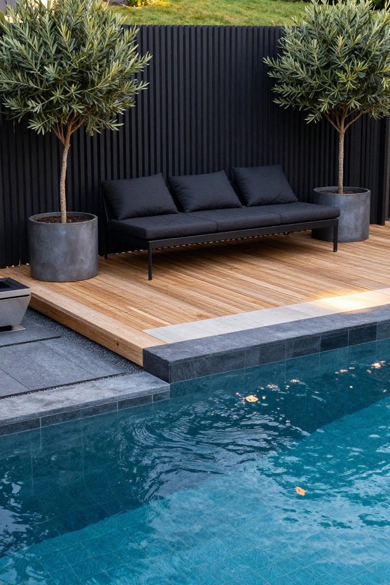 Raised wooden deck platform with black outdoor sofa and large potted olive trees against a black slatted fence, adjacent to a rectangular blue pool with dark stone edging.