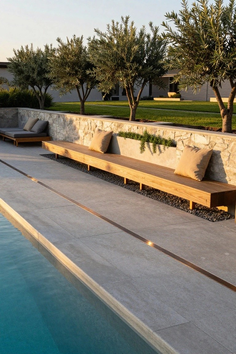 Long wooden bench with beige cushions along a textured stone wall next to a rectangular pool, with olive trees and grass in the background.