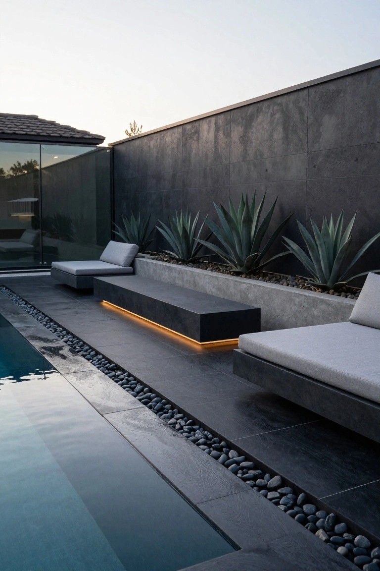 Modern pool deck with dark tiles and black pebble border along an infinity-edge pool, low black concrete bench with yellow LED underlighting, floating gray loungers, concrete planter of agave plants against textured wall, and glass wall in background.
