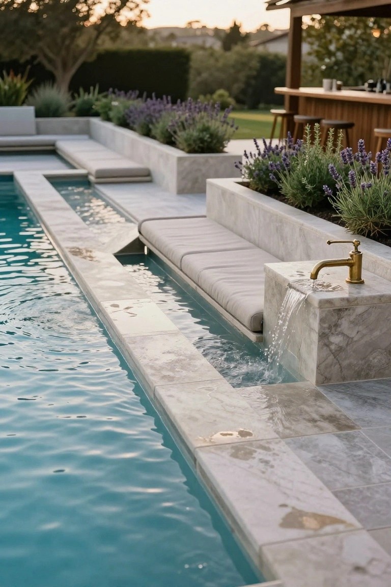 Close view of a pool deck featuring a brass faucet on a marble pedestal spilling water into the pool, with built-in cushioned benches, lavender planters in raised beds, and a wooden bar structure in the background.