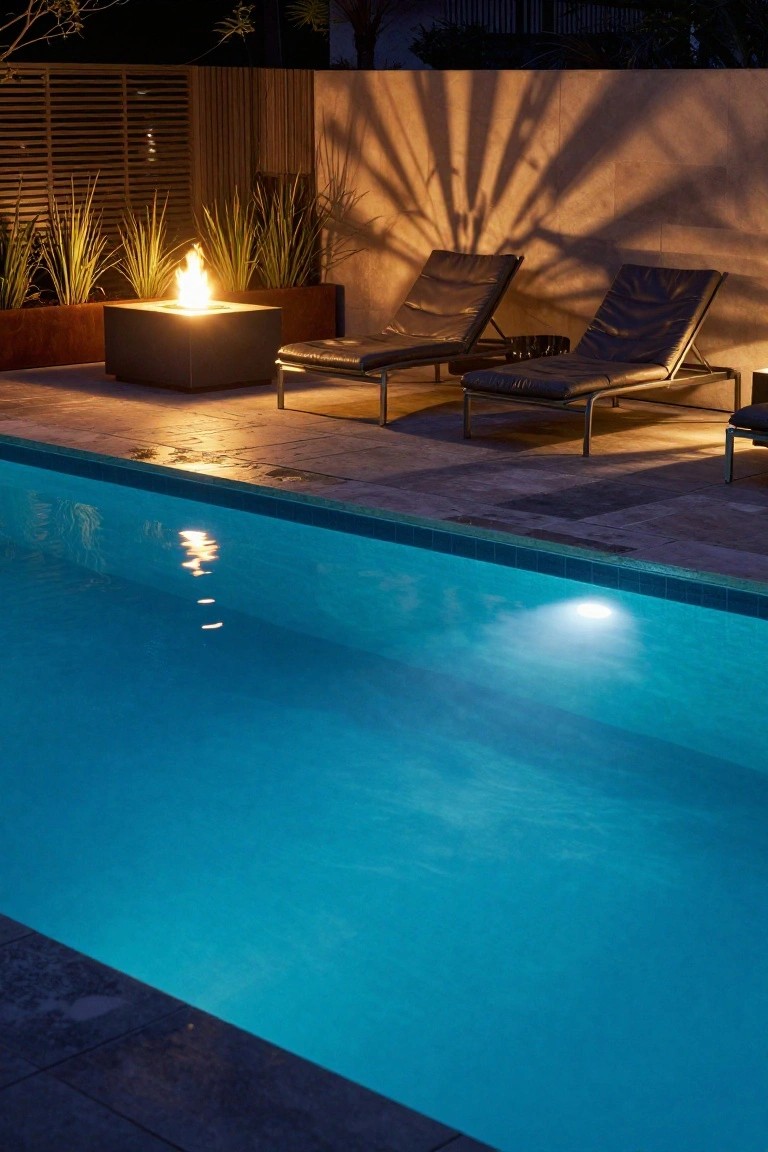 Nighttime photo of a modern pool deck with a lit black cubic fire pit amid potted grasses, two adjacent black loungers, tiled decking, and glowing blue pool water.