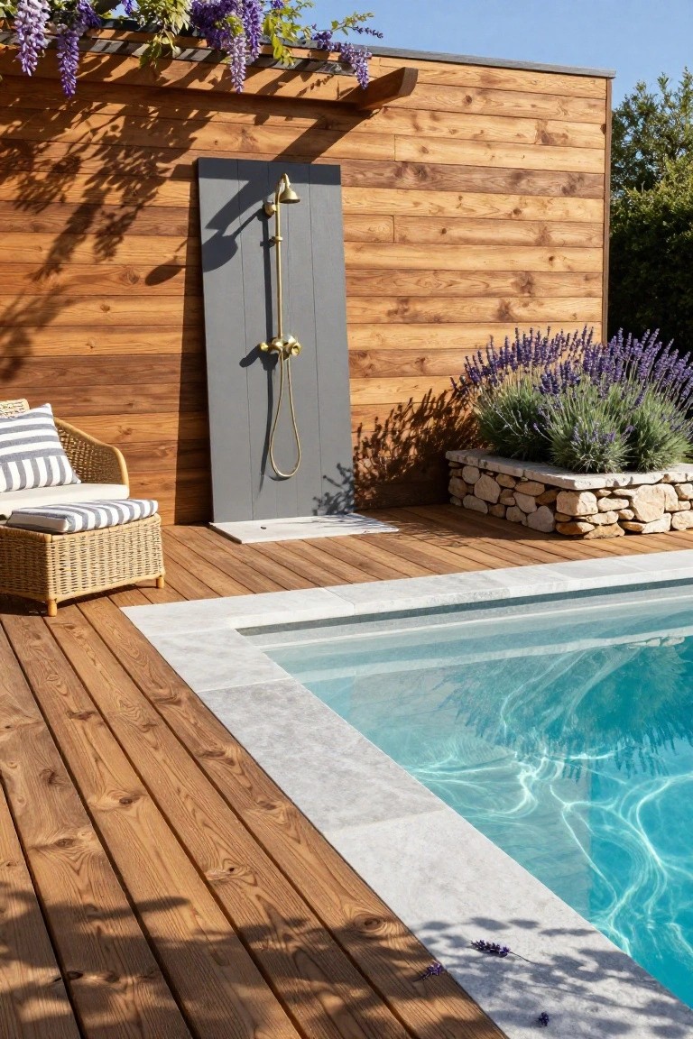 Wooden deck beside a small rectangular pool with white stone edging and clear blue water, outdoor shower with brass showerhead on a gray door against a wooden wall structure, lavender plants in a stone bed, and a white striped cushioned wicker chair on the deck.
