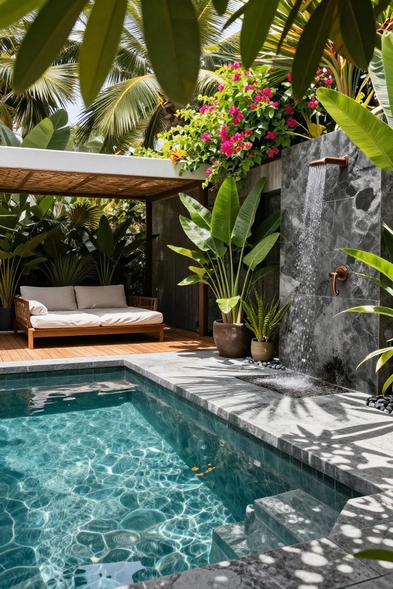 Small turquoise plunge pool on a gray stone deck next to a wooden lounge daybed, with an outdoor shower on a dark stone wall surrounded by tropical plants and palms.