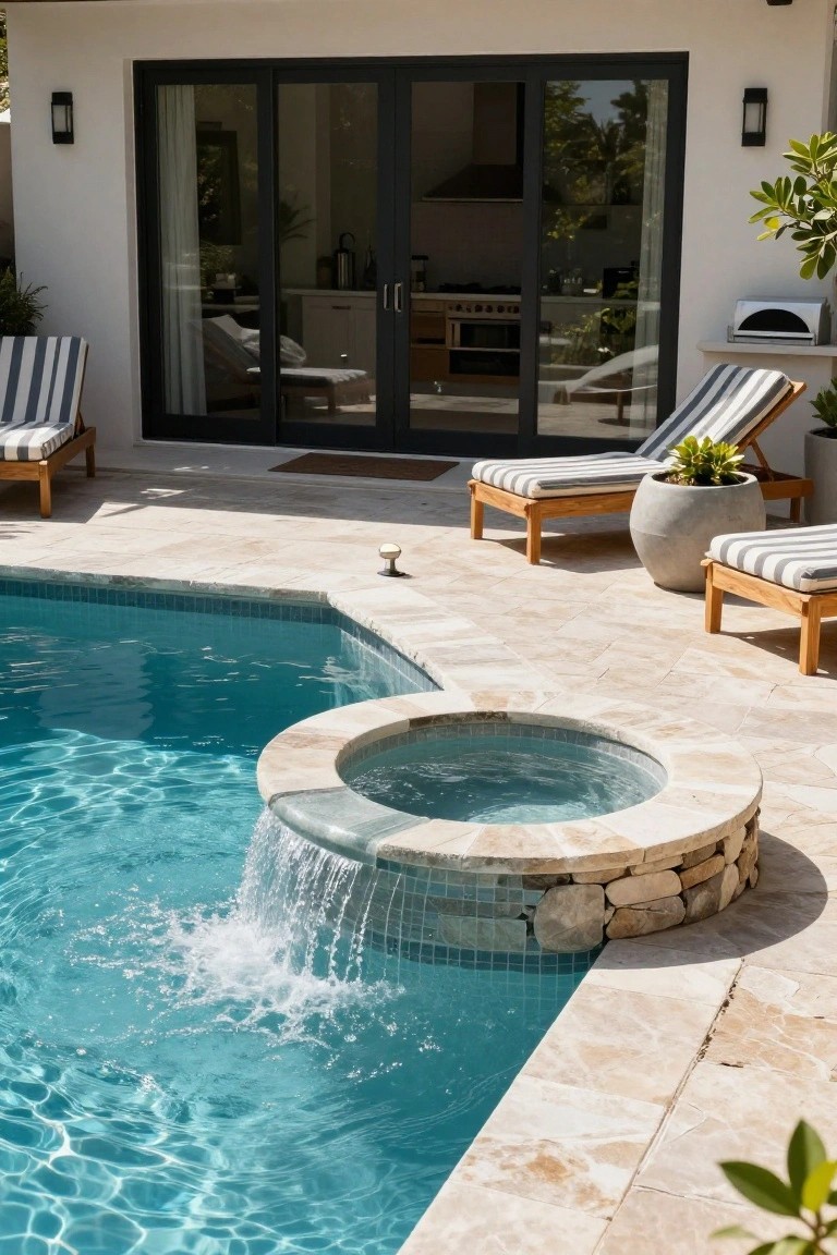 Outdoor pool deck featuring a turquoise swimming pool adjacent to a circular raised spa with a waterfall spilling over beige stone edging into the pool, surrounded by light travertine tiles, wooden loungers with striped cushions, potted plants, and a modern house with glass sliding doors in the background.