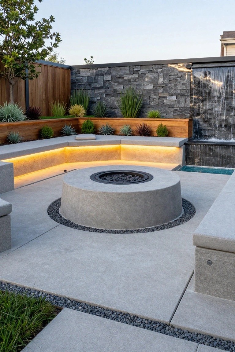 Outdoor pool deck with central round concrete fire pit burning gas flames, surrounded by curved concrete bench seating with yellow LED underlighting, adjacent stone wall waterfall into small pool, and various agave and succulent plants along edges.