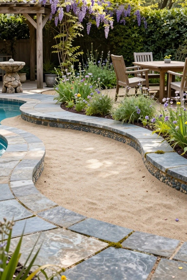 Curved turquoise pool edged by a beige sand path bordered with gray slate stones and pebbles, surrounded by flowering plants, a wooden pergola draped in purple wisteria, and a teak dining table on a patio.