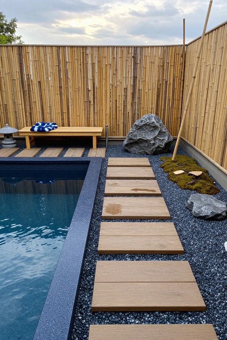 Pool deck with dark edging, blue water, wide wooden stepping stones on dark gravel, gray rocks, green moss patches, wooden bench with blue towel, stone lantern, and tall bamboo fence.