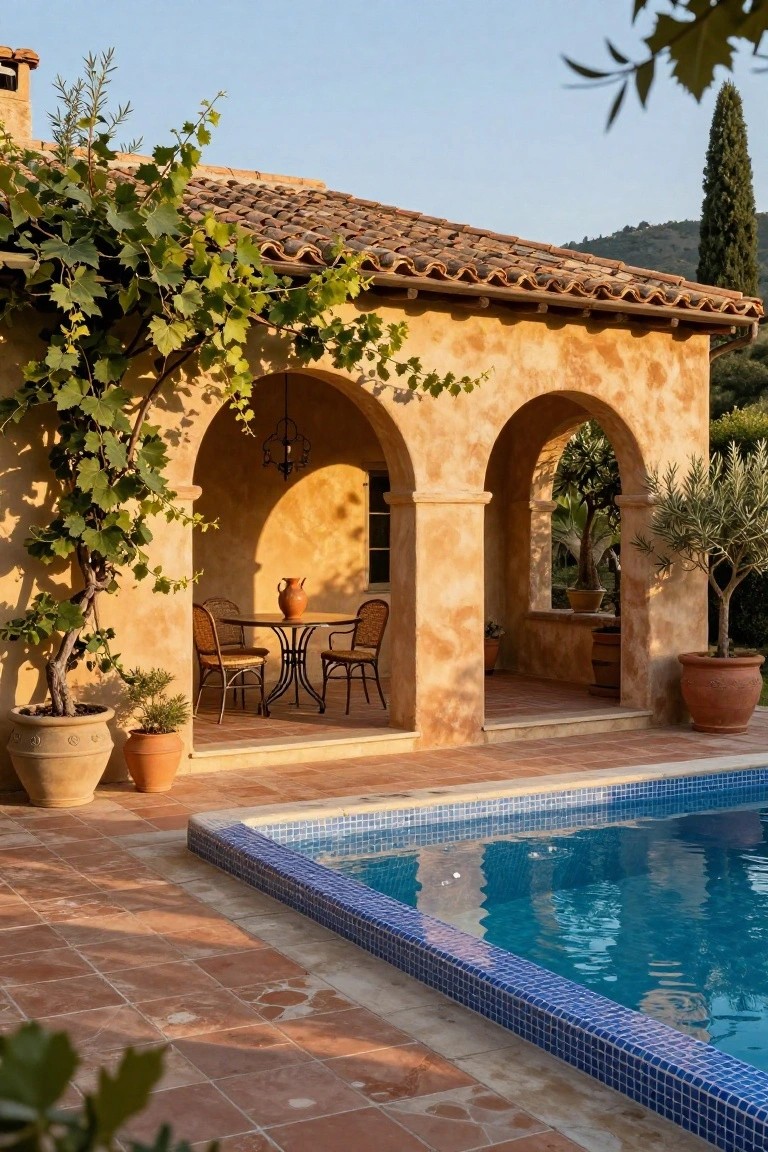 Stucco pool house with terra-cotta tile roof and vine-covered arches opening to a terrace with round table, wicker chairs, and potted plants beside a blue-tiled rectangular pool.