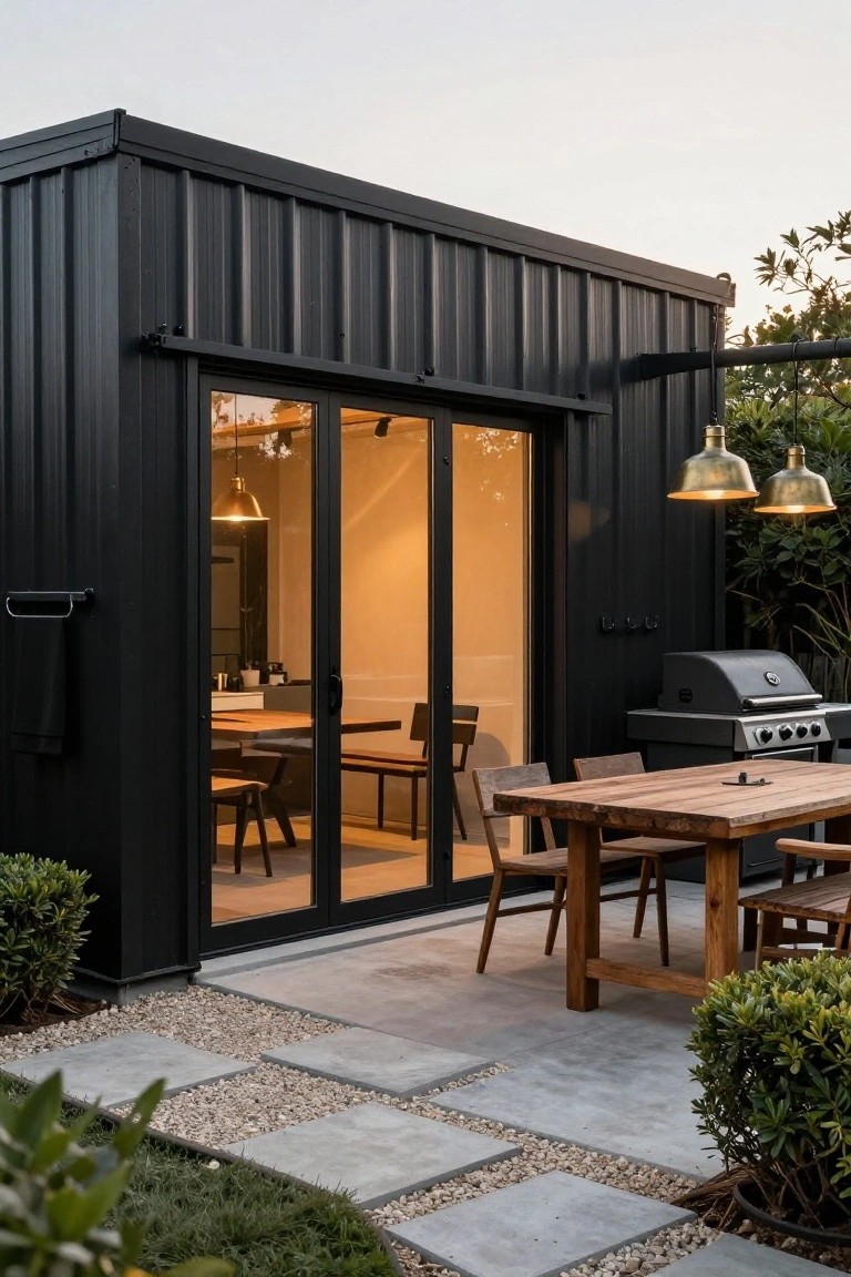 Black corrugated metal pool house with large sliding glass doors overlooking a concrete patio with wooden dining table, chairs, barbecue grill, pendant lights, and boxwood shrubs.