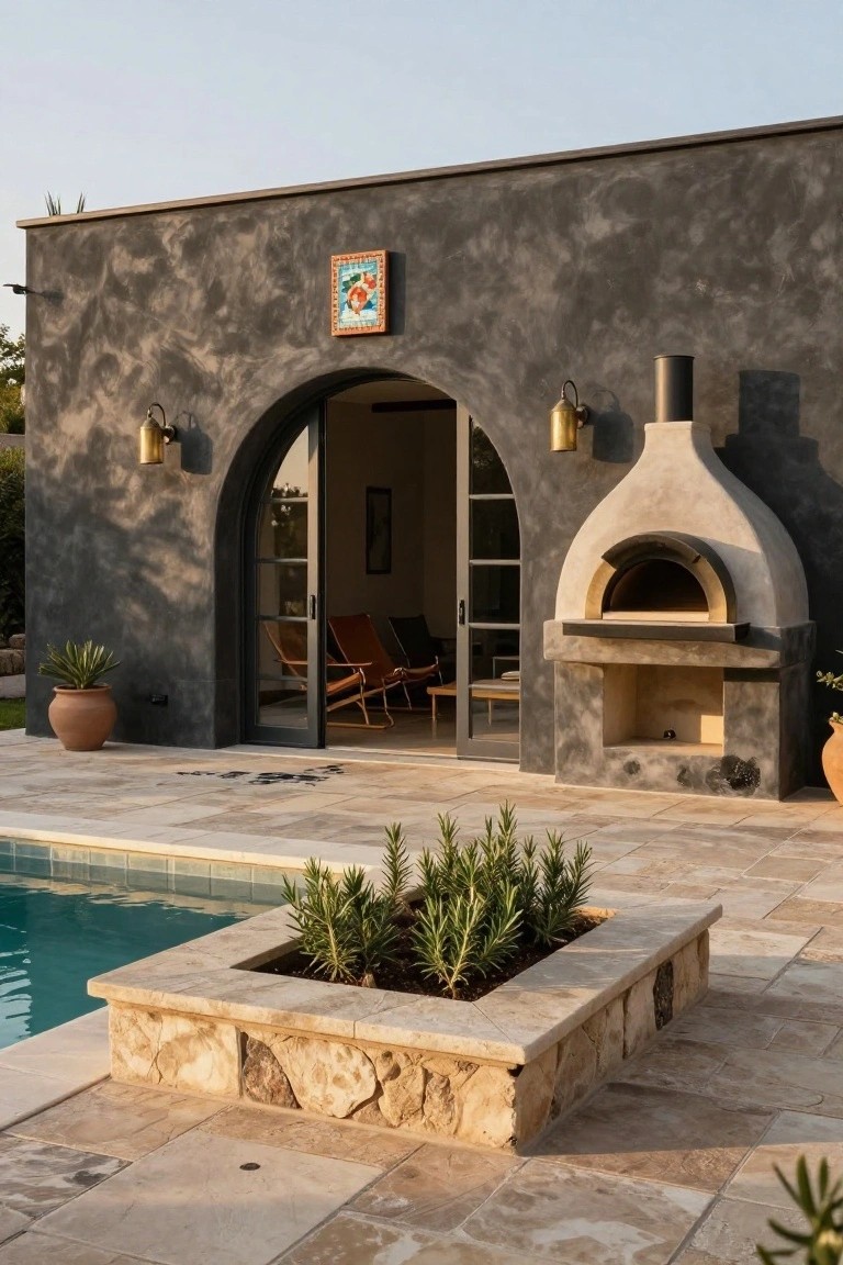 Dark textured stucco pool house wall with arched sliding glass doors open to lounge chairs inside, adjacent white stucco dome pizza oven on stone base, travertine patio, raised stone planter with rosemary, and swimming pool.