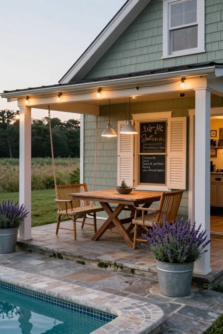 Green shingled pool house with covered porch featuring wooden dining table and rattan chairs, hanging rope swing, string lights, pendant lamps, chalkboard menu on shutters, potted lavender plants, and adjacent turquoise pool on stone patio.