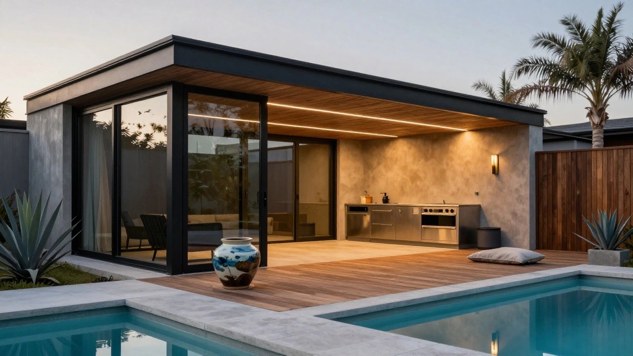 Modern pool house with black metal framing and large sliding glass doors open to a turquoise swimming pool on a wooden deck, featuring wood paneling inside, agave plants, and a large decorative vase nearby.