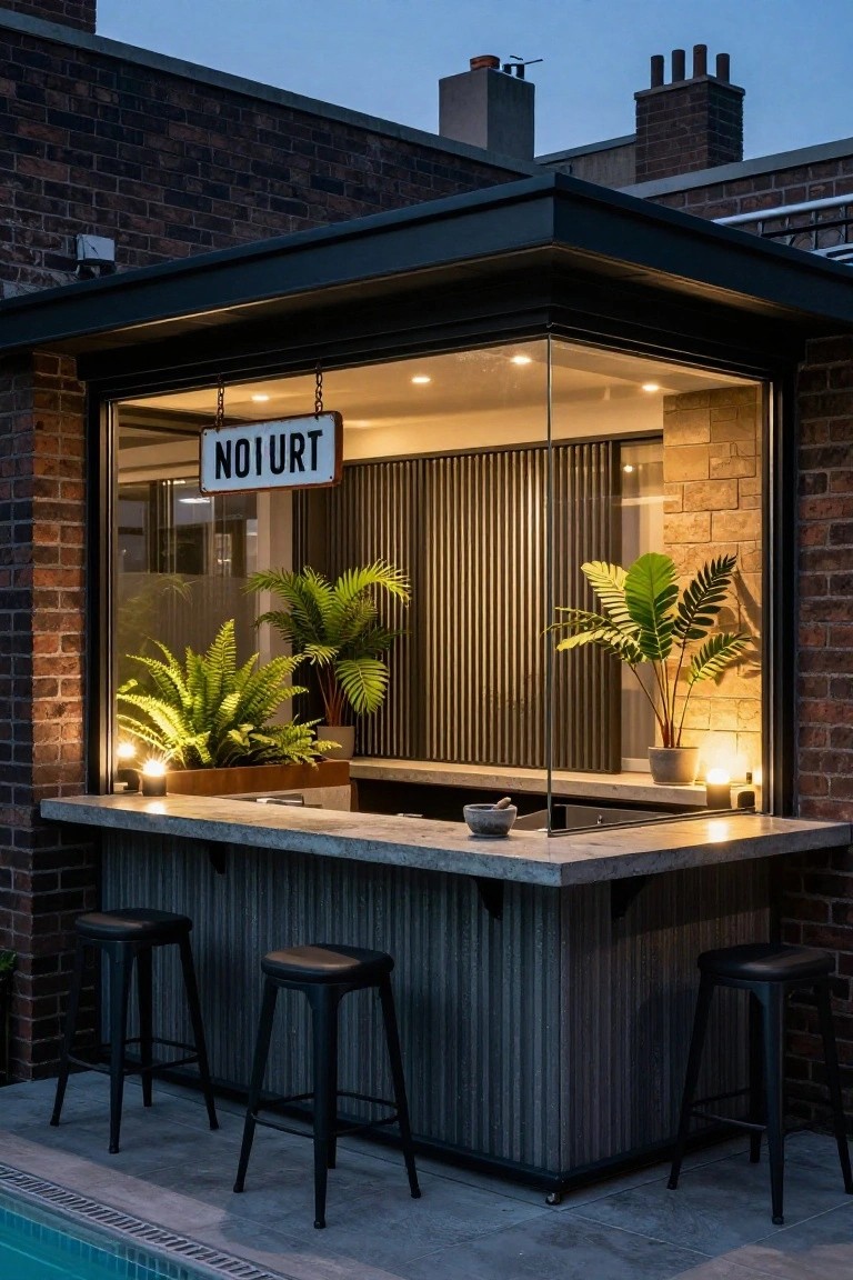 Corner glass pavilion with brick walls serving as a bar area featuring concrete counter, potted plants, metal stools, and NOIRT sign, next to an in-ground pool at dusk.
