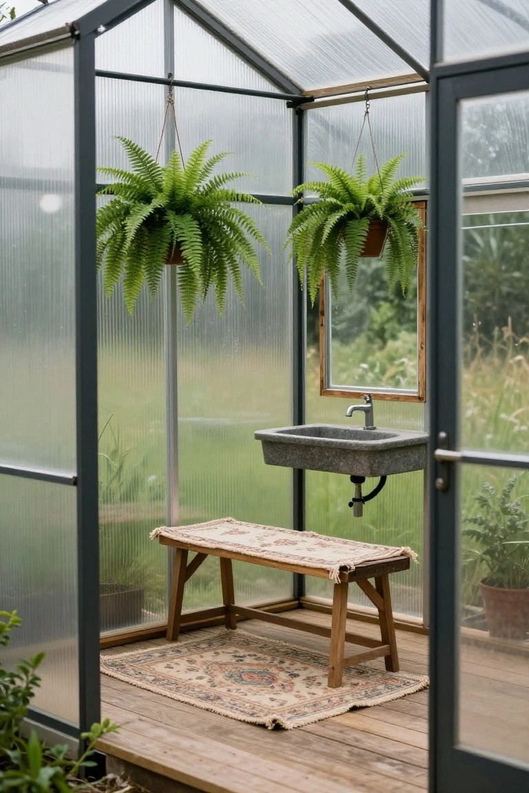 Dark metal-framed glass greenhouse with open door revealing interior hanging fern plants, wall-mounted stone sink, wooden bench, patterned rug on wooden deck, and surrounding garden greenery.