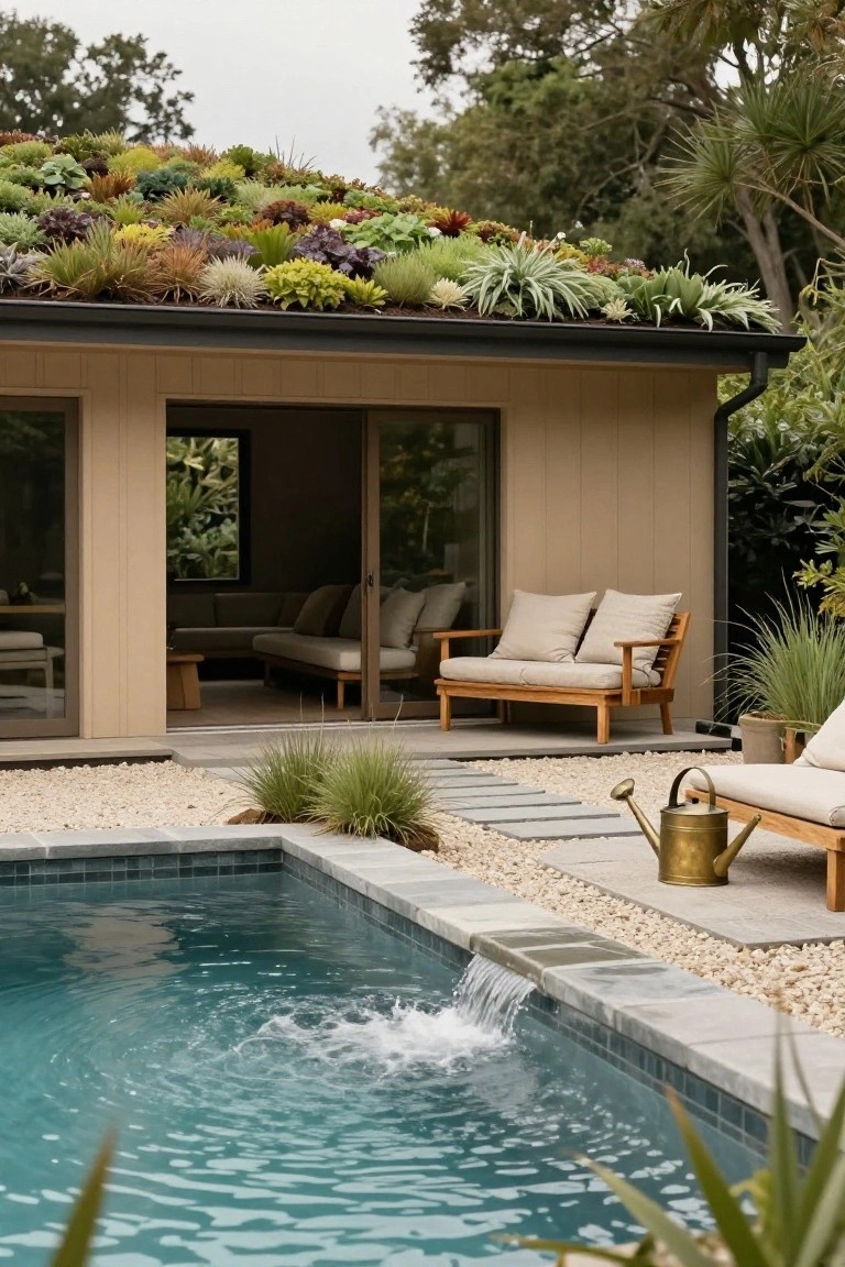 Beige wooden pool house with a lush green sedum roof, open sliding glass doors showing interior benches, next to a small turquoise pool with waterfall edge, gravel paths, and grasses.