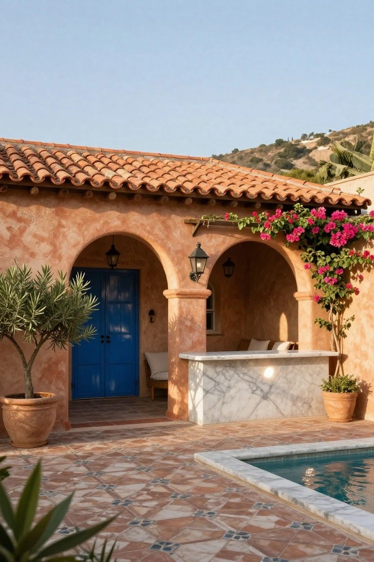 Stucco pool house exterior with terracotta tile roof, pink bougainvillea over arches, blue double doors flanked by olive tree in terracotta pot, marble bar counter with beige cushions under archway, tiled patio leading to turquoise swimming pool.