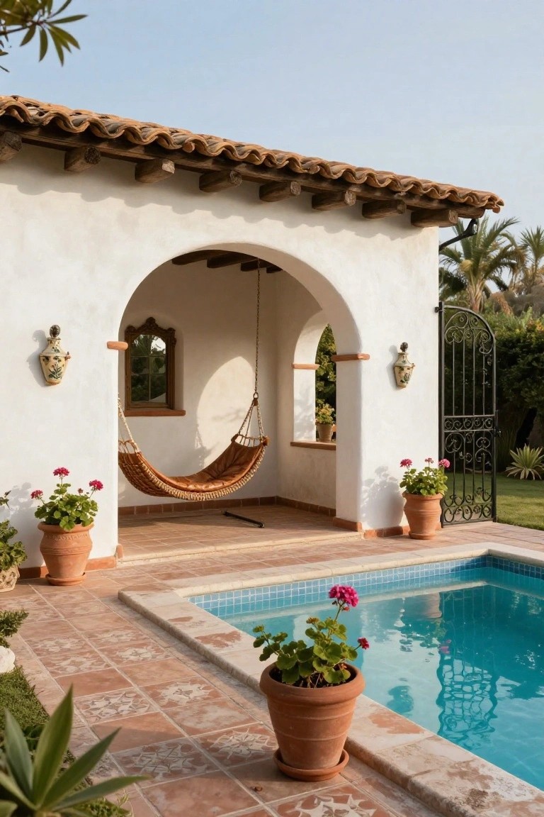 White stucco building with an arched opening containing a brown leather hammock, adjacent to a turquoise pool on a terracotta tiled terrace, flanked by potted geraniums and agave plants, with a wrought iron gate and palm trees in the background.