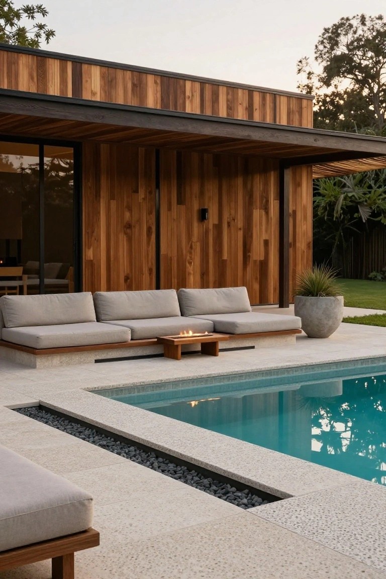 Modern pool house with vertical wood cladding and black-framed glass doors, next to a turquoise pool with pebble-edged channel drain, low beige L-shaped outdoor sofas on a raised platform, central wood fire table, potted plants, and surrounding greenery at dusk.