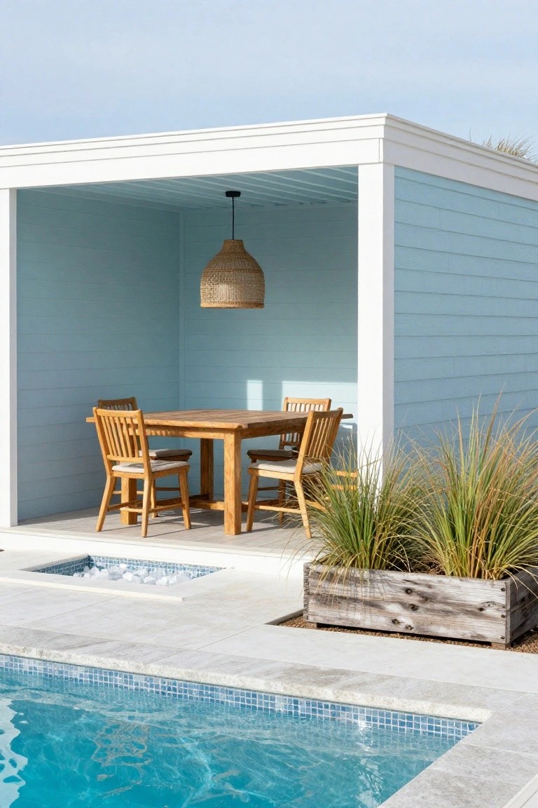 Light blue open-sided pavilion with wooden dining table, four teak chairs, rattan pendant light, pebble-filled fire feature, sea grass plants in wooden box, and turquoise tiled pool edge.