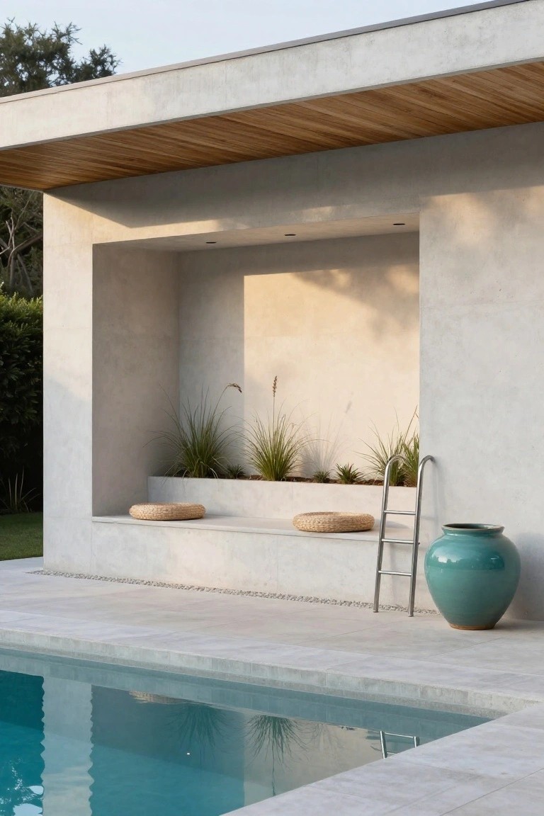 Modern outdoor pool area with a tall white stucco wall featuring a recessed niche containing potted grasses, two woven cushions on built-in benches, a metal pool ladder, a large turquoise vase, and turquoise pool water.