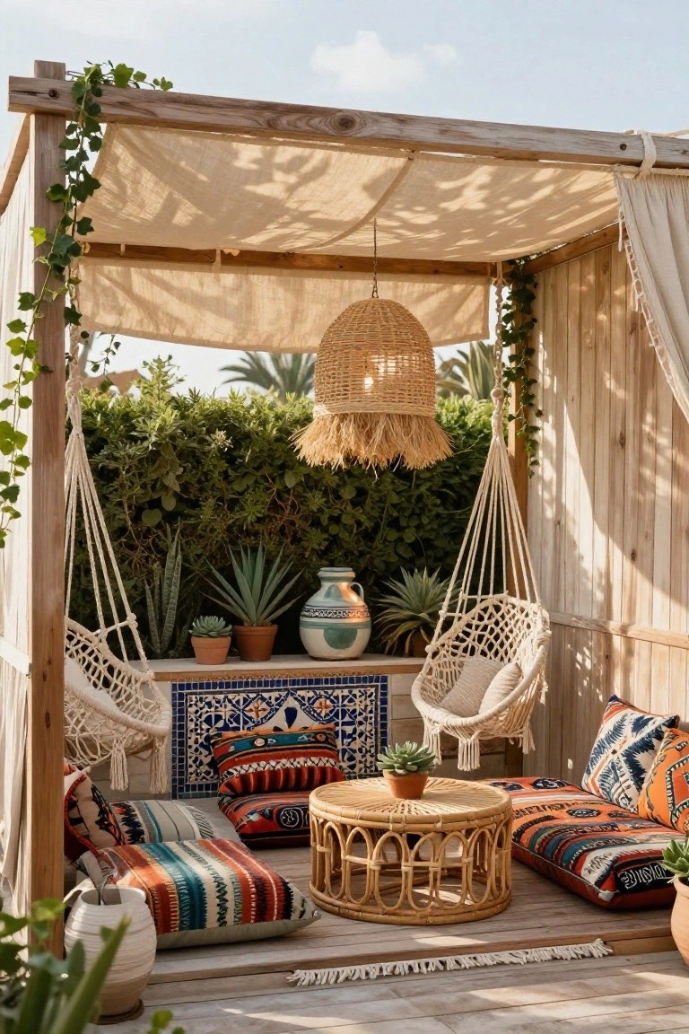 Wooden pergola with beige fabric canopy and ivy, hanging white hammock chairs with cushions, colorful floor pillows, rattan low table, potted plants, and tiled bench against green hedge on wooden deck.
