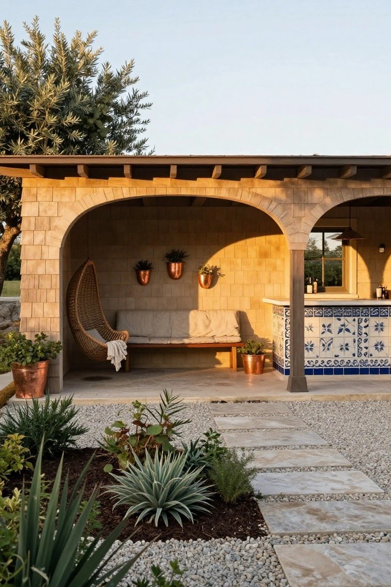 Shingled stucco pool house exterior with large arched opening containing rattan hanging swing on bench, blue tiled bar counter, copper hanging planters, and gravel path with agave plants in foreground