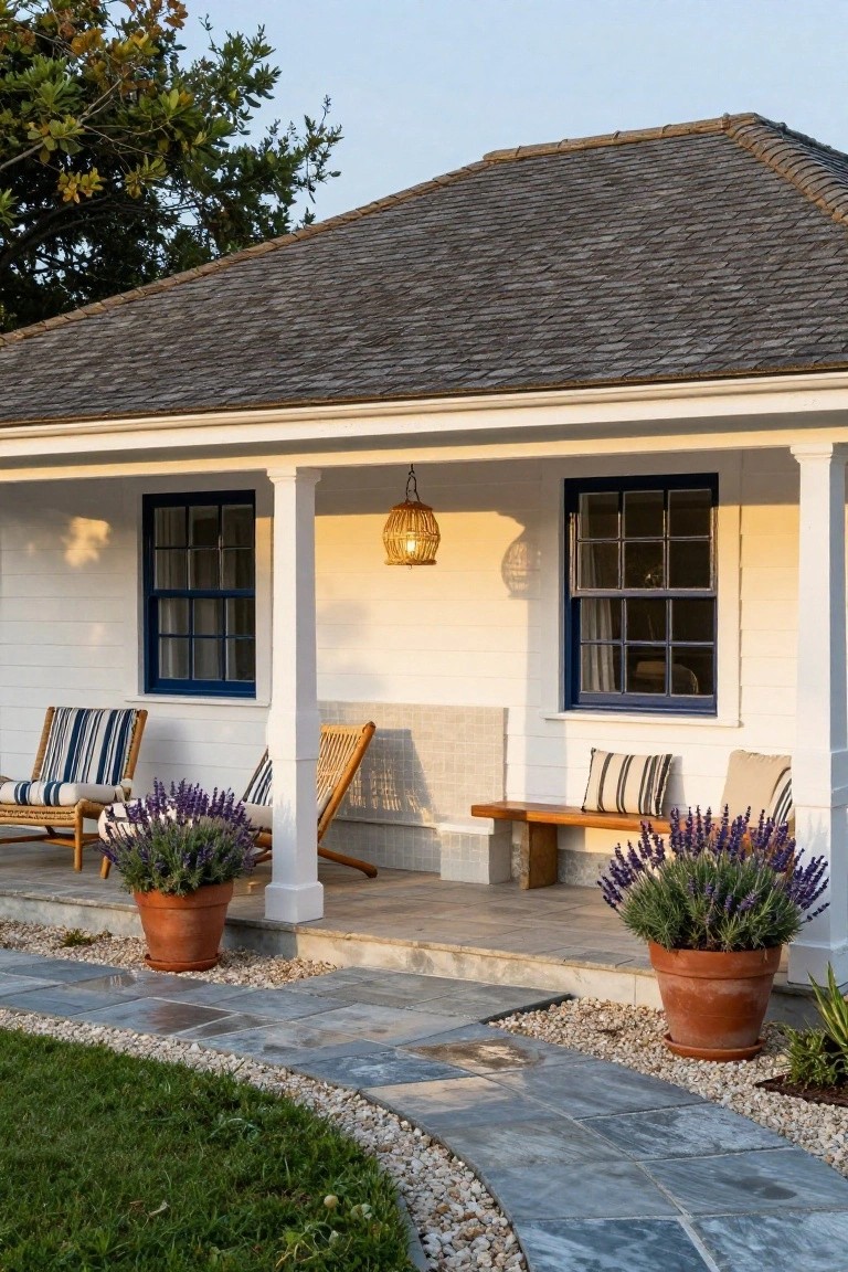 White clapboard pool house with gabled slate roof, navy blue window frames, covered porch with columns, wicker chairs and bench with cushions, potted lavender plants in terracotta pots, and curved slate path edged with gravel leading to the front.