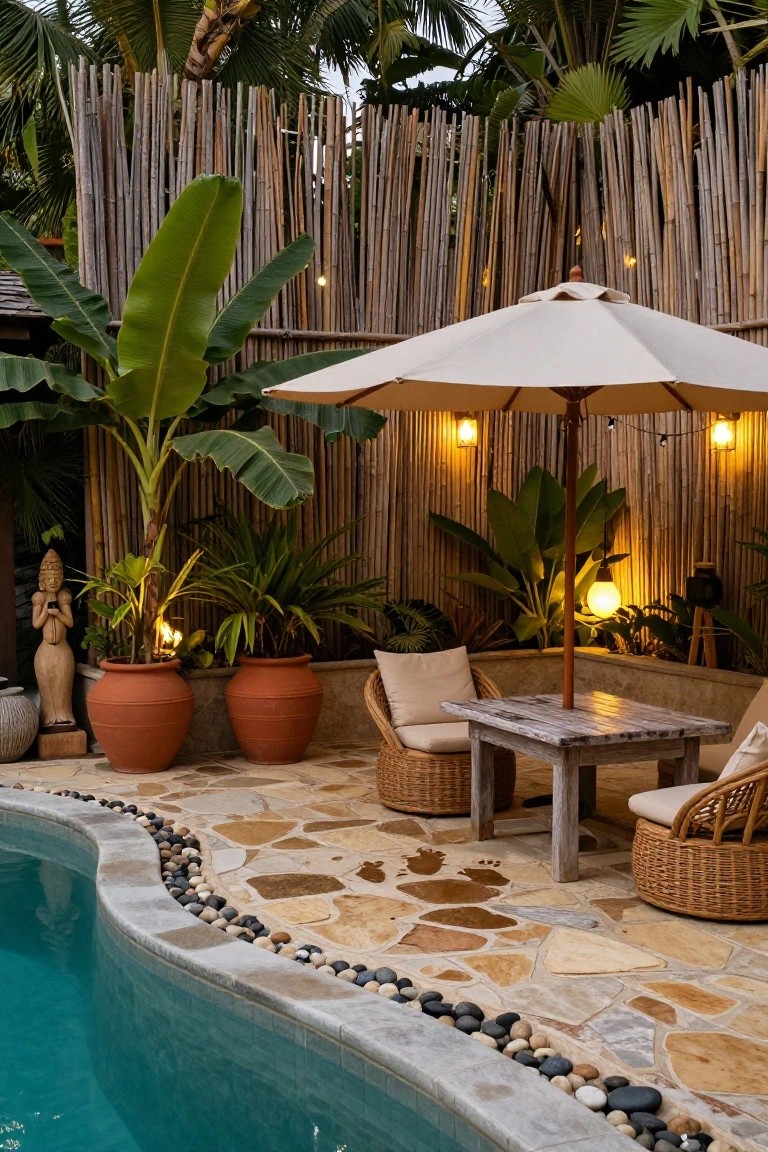 Outdoor pool with curved edge lined in pebbles, surrounded by bamboo pole fencing, tropical plants including banana trees, terracotta pots, rattan chairs, wooden table, and beige umbrella.