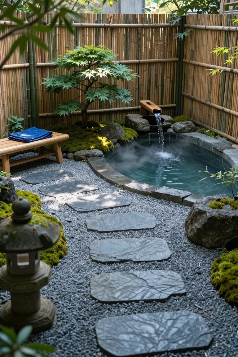 A steaming turquoise hot tub in a curved stone basin, enclosed by tall bamboo fencing in a Japanese garden with gravel groundcover, mossy rocks, flat stepping stone path, bonsai trees, wooden bench with blue towel, wooden water spout, and stone lantern.