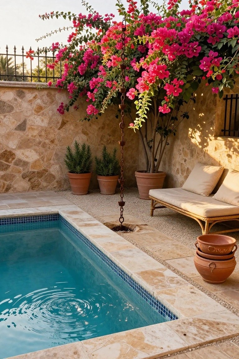 Small rectangular pool with turquoise mosaic tiles and stone edging, next to a beige stone wall topped by a black wrought iron fence covered in pink bougainvillea vines, with potted plants, rattan bench lounger, hanging chain, and stacked terracotta pots on gravel paving.