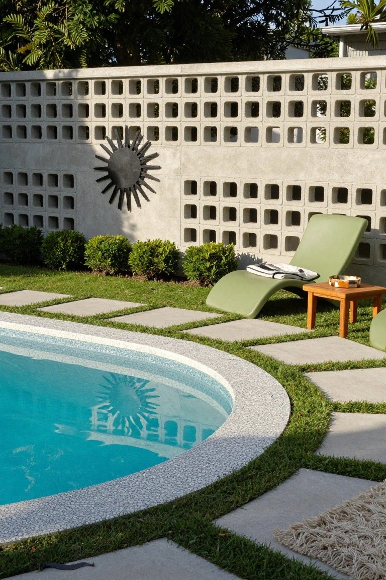 Poolside area with tall beige concrete block fence featuring square openings and a large black metal sun decoration, green curved lounger chair on pavers next to wooden side table, grass borders, and curved pool edge with pebble coping.