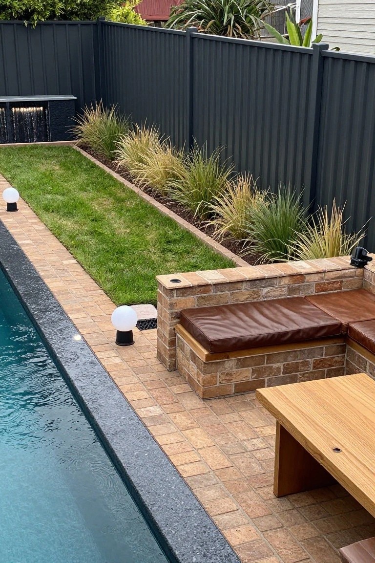 Backyard pool edged in black stone with beige brick pavers, L-shaped brick bench topped with brown leather cushions and adjacent wooden table, narrow grass lawn bordered by ornamental grasses, and tall dark metal fence enclosing the area.