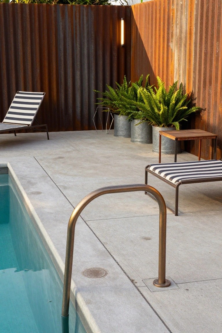 Pool deck edged with turquoise water and brass ladder, two striped chaise lounges, wooden side table, galvanized metal planters with ferns, and tall rusted corrugated metal fence.