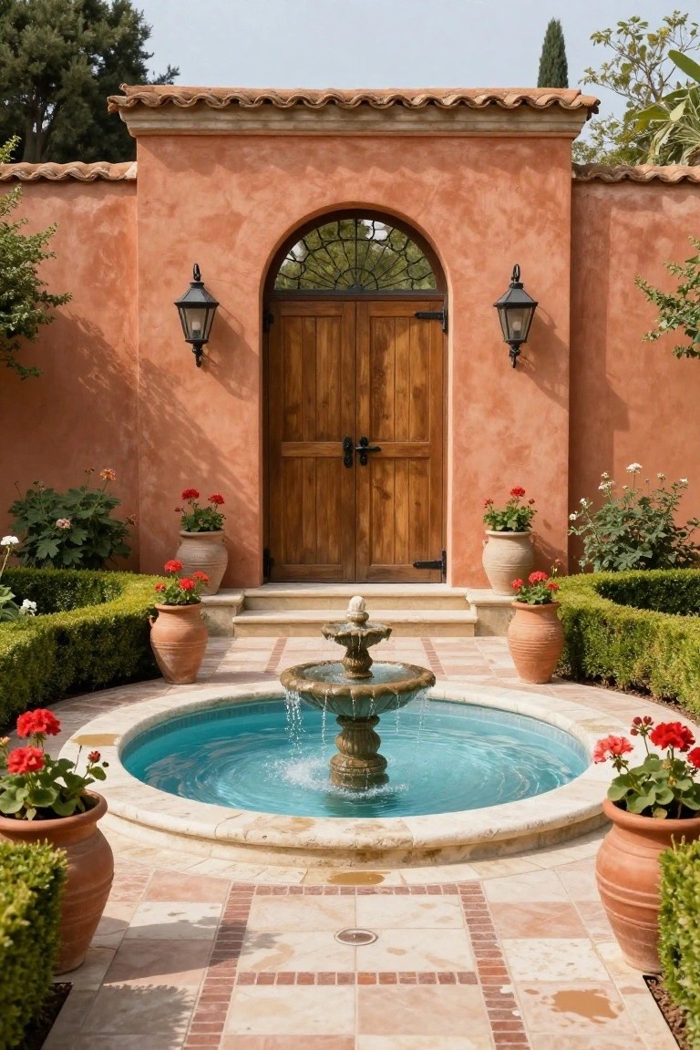 Pink stucco walls enclosing a courtyard featuring a central circular fountain with blue water, surrounded by terracotta pots of red geraniums, boxwood hedges, tiled paths, and a wooden arched door with lanterns.