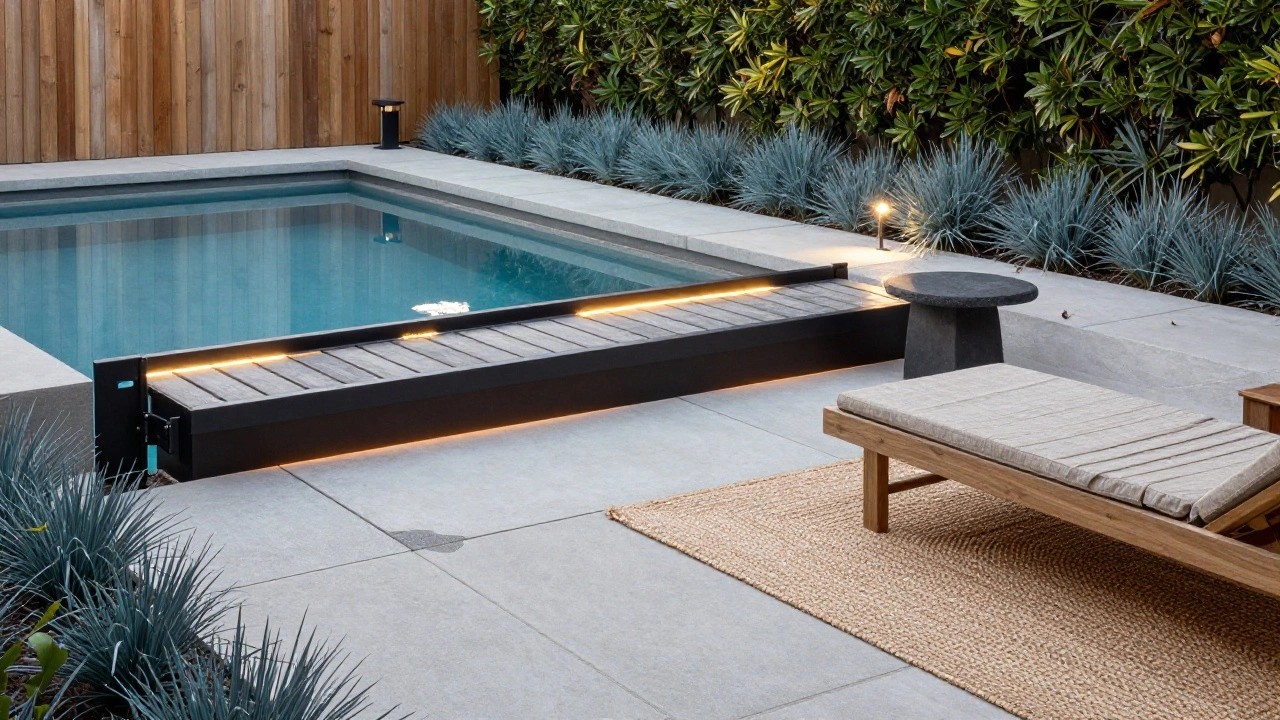 Elevated wooden planters filled with agave plants form a fence around a pool and spa on a concrete deck, with a black metal gate, integrated bench, lounger chair, and beige outdoor rug.