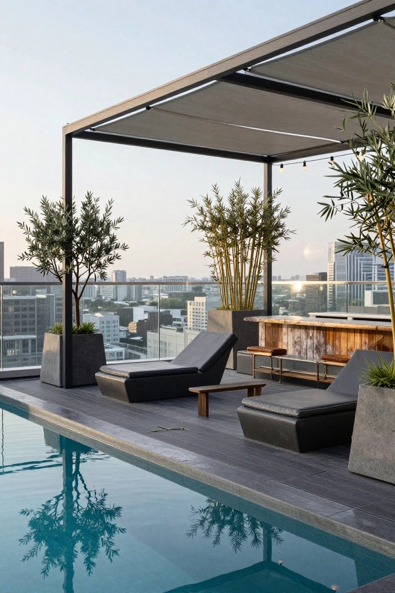 Rooftop pool deck with black loungers and ottomans positioned near the water edge, a rustic wooden bar counter with stools, potted olive trees and bamboo, metal pergola with beige fabric shade, string lights, and tall clear glass balustrades overlooking a city skyline at dusk.