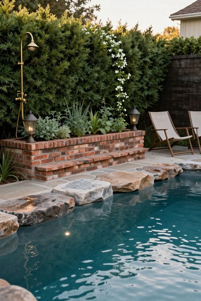 Poolside view showing tall dense green hedges along a wood fence, brick raised planter bed with succulents and agave, brass outdoor shower and lanterns, two canvas lounge chairs, and irregular natural stone coping around turquoise pool water.