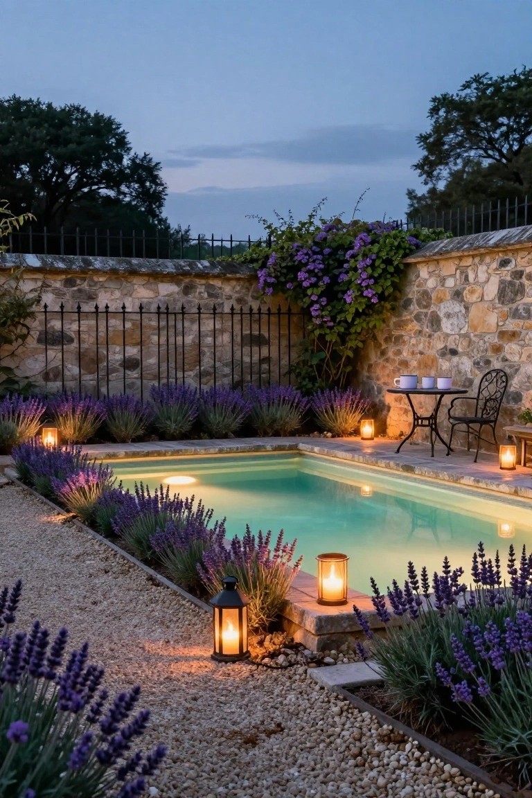 Small turquoise plunge pool at dusk surrounded by purple lavender plants along gravel-edged borders, next to a beige stone wall with black wrought-iron fence and purple flowering vines, lit lanterns, and a small metal bistro table with two chairs.
