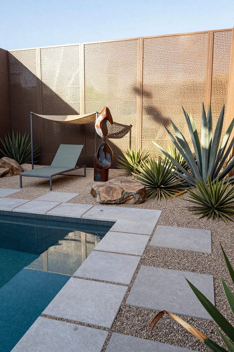Turquoise pool edged in gray pavers and gravel, with a green lounger chair under beige shade canopy near a metal sculpture, agave plants, boulders, and tall perforated brownish metal fence panels.