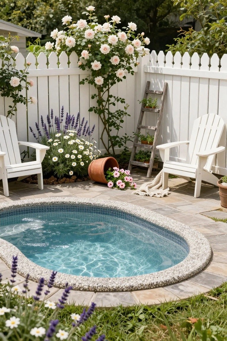 Small oval turquoise-tiled pool edged in pebbles and surrounded by white picket fence with climbing pink roses, white Adirondack chairs, lavender plants, daisies, potted flowers, and a stone patio.