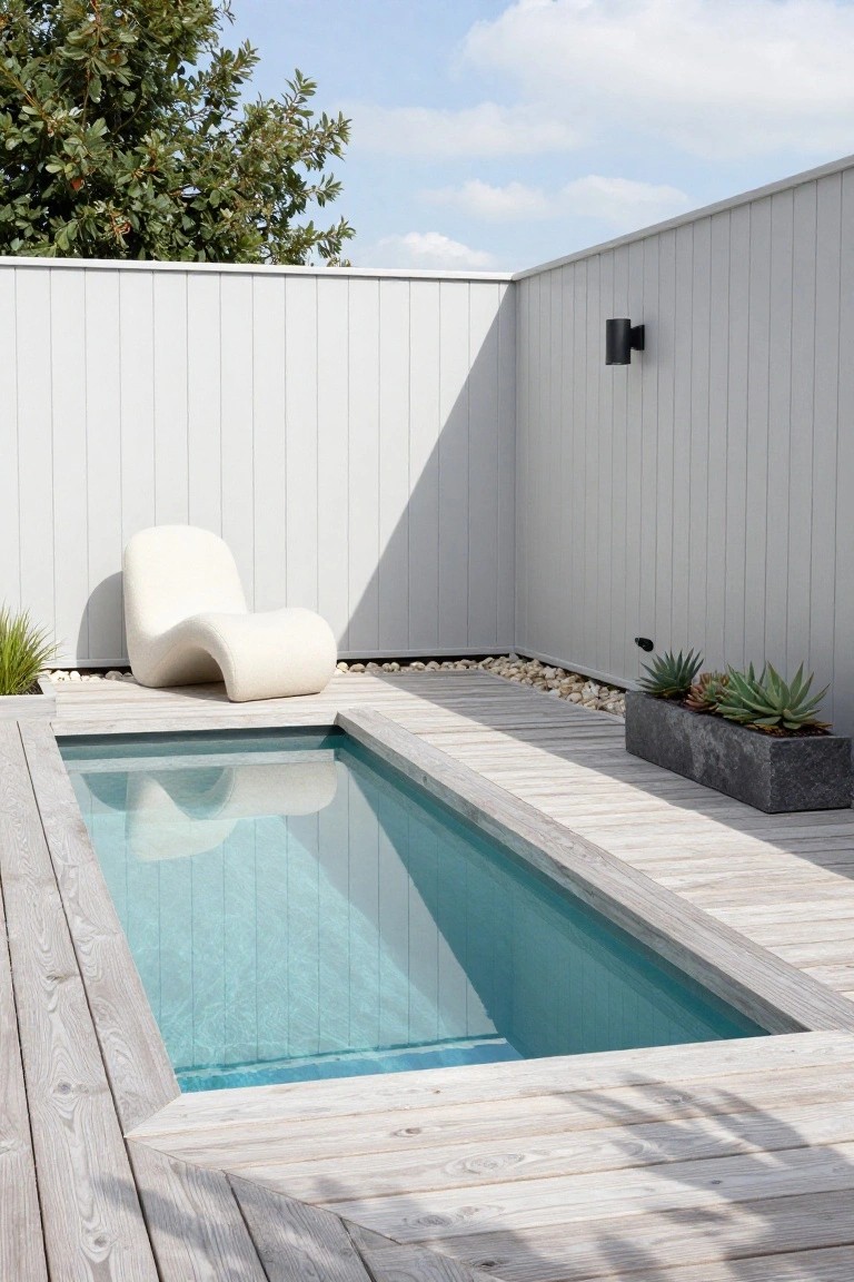 Narrow rectangular plunge pool with turquoise water, surrounded by light gray wood decking, tall white vertical paneled fence, white curved chair, pebble ground cover, and black concrete planter with succulents.