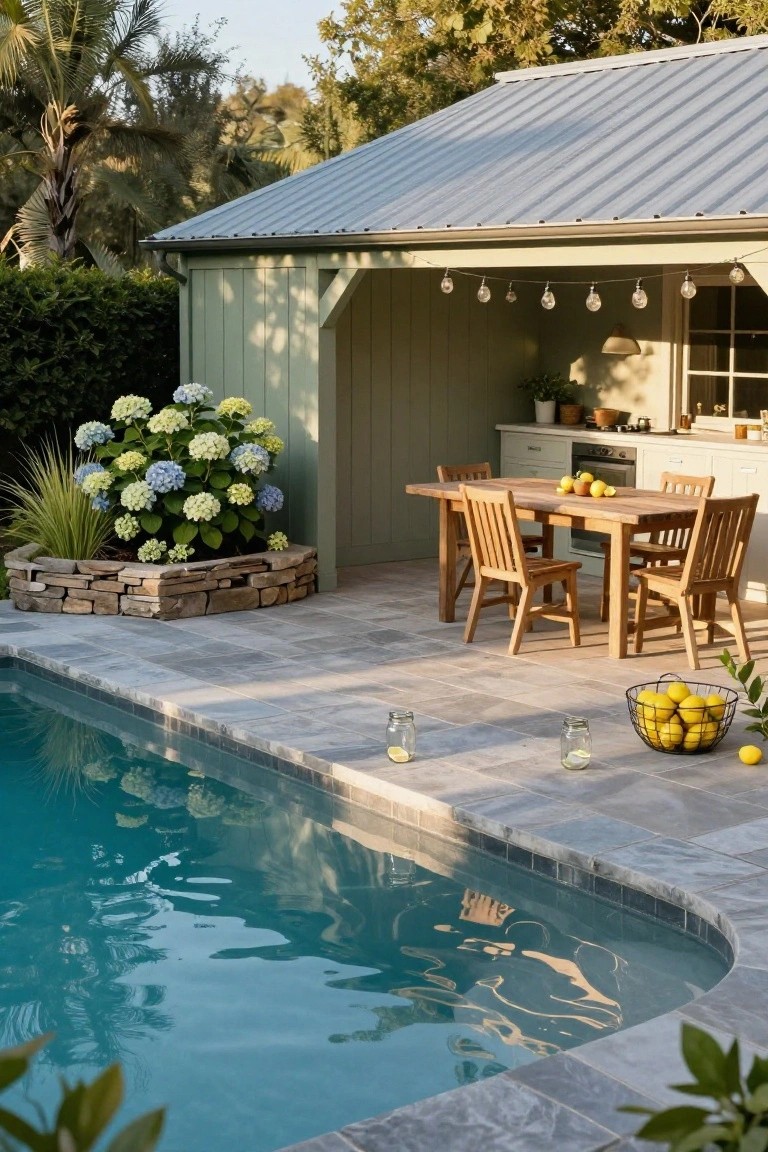 Sage green clapboard open cabana with built-in kitchen counters and wooden dining table on gray tiled poolside patio next to turquoise swimming pool and hydrangea planter.