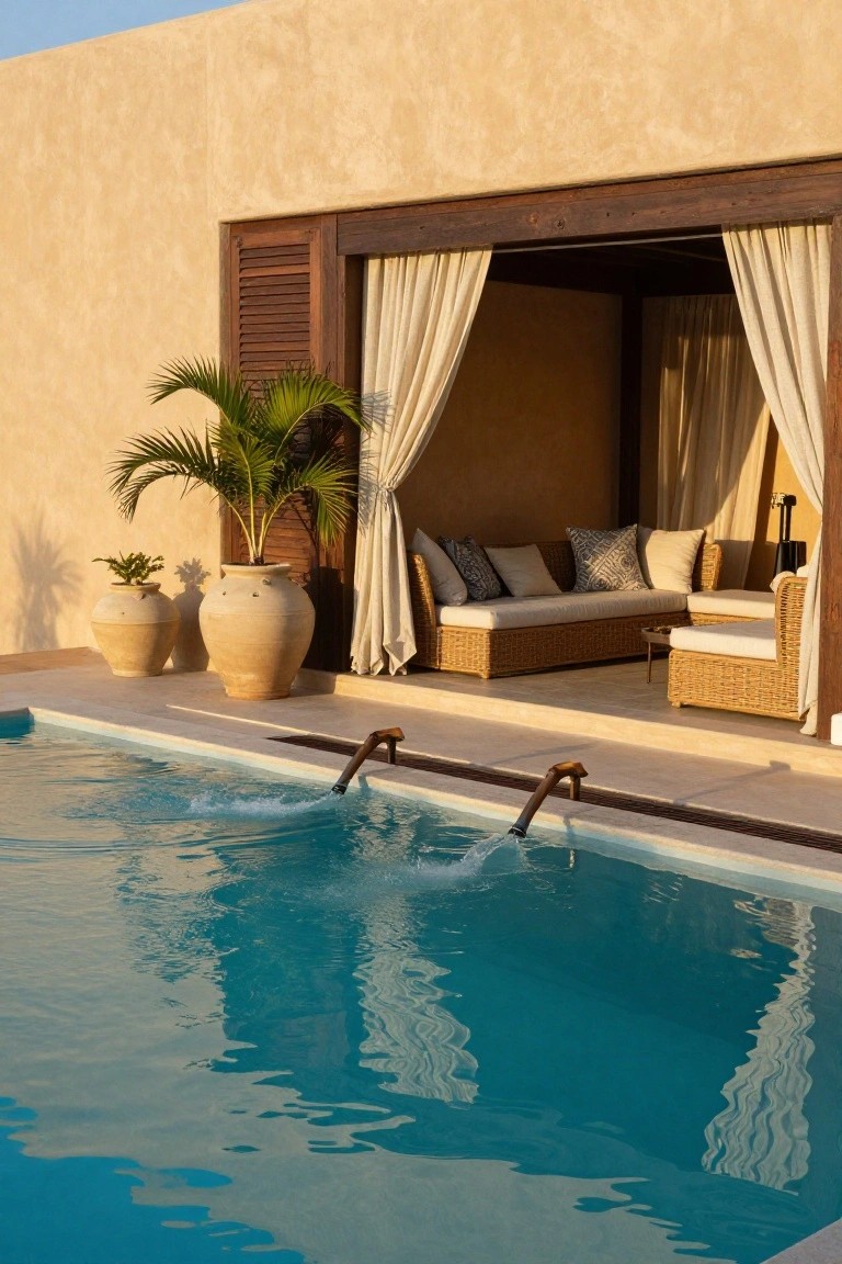 Outdoor pool next to a covered lounge area with rattan sofas, sheer white curtains on a wooden pergola, potted palms, and large terracotta urns on a light deck at sunset.