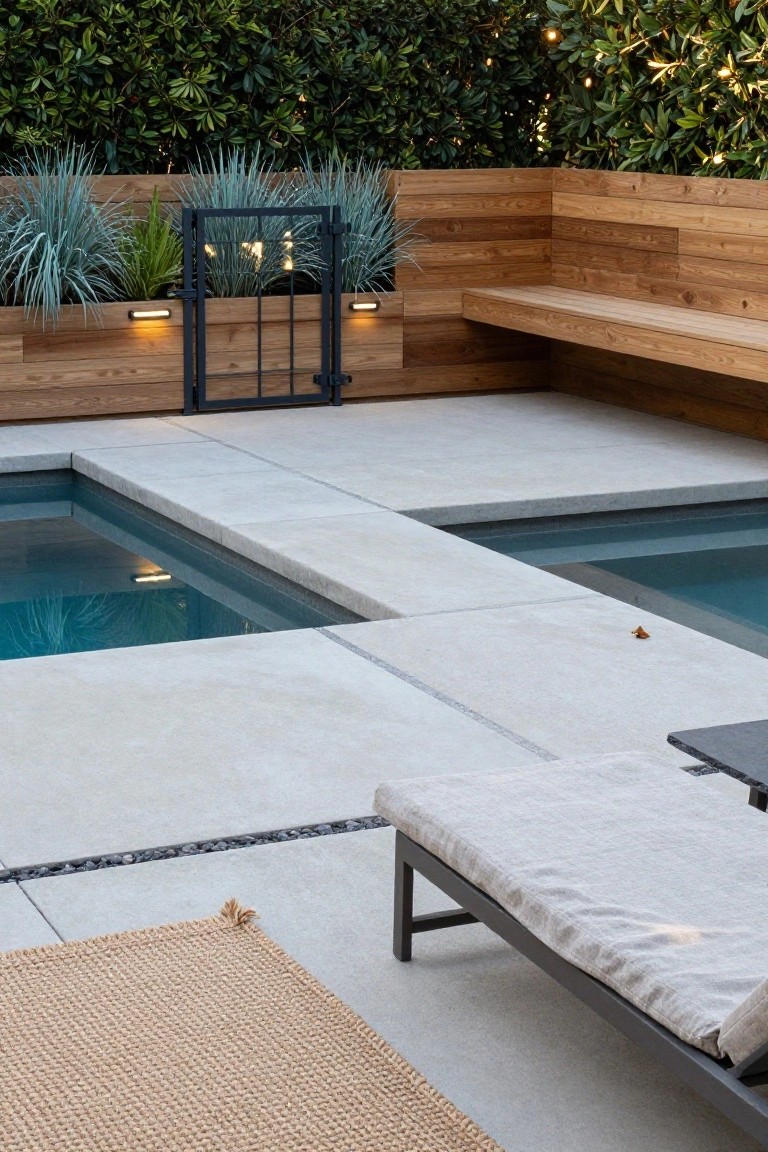 Elevated wooden planters filled with agave plants form a fence around a pool and spa on a concrete deck, with a black metal gate, integrated bench, lounger chair, and beige outdoor rug.